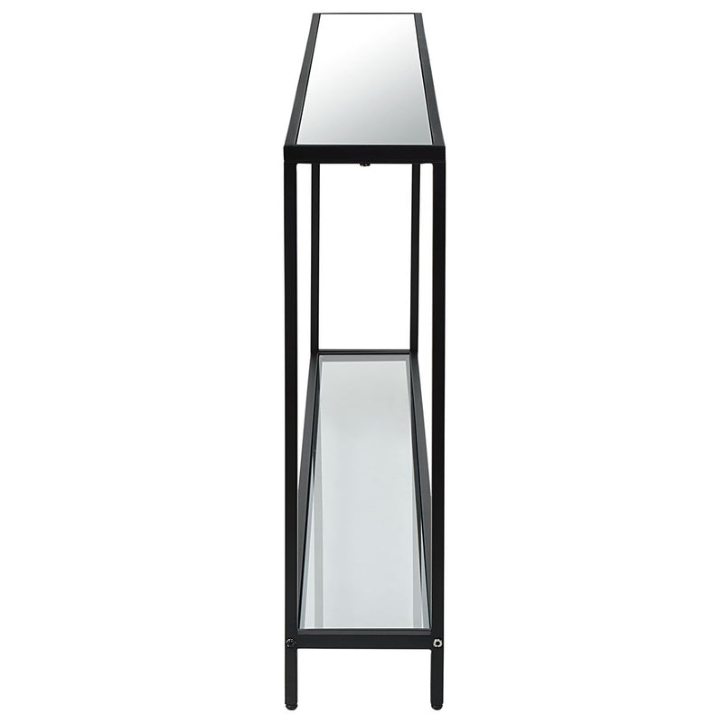 Tivlo Console Table | Satin Black with Mirrored Top and Tempered Glass Bottom (56 in. W x 30 in. H x 8 in. D)
