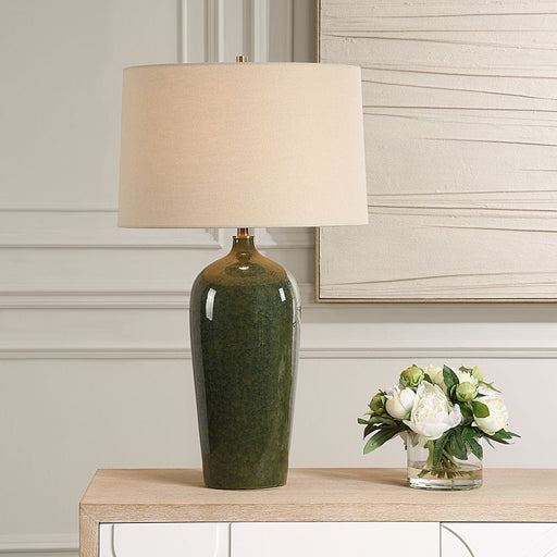 Mossari Emerald Green Glaze Modern Ceramic Table Lamp with Beige Linen Shade (28" H Lamp with 10" H x 16" W Shade)