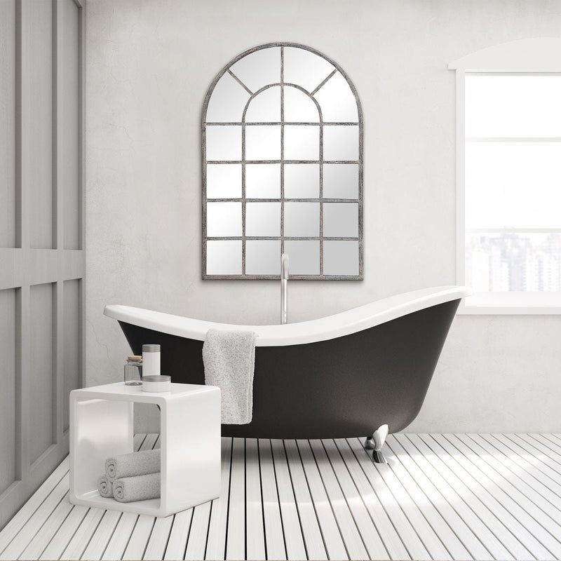 Fenestra Antique Rustic Gray Mirror | Modern Arch Windowpane Iron Frame Mirror (30 in. W x 44 in. H x 1 in. D)