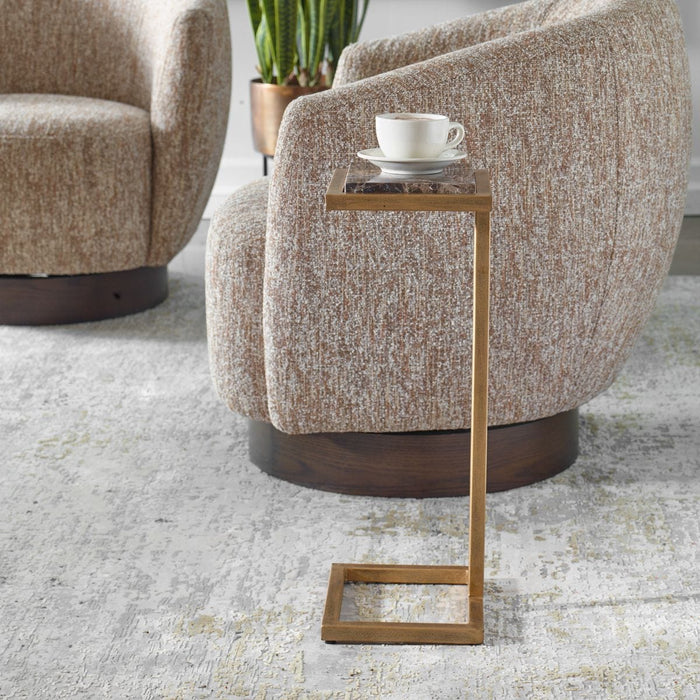 Riva Accent Table | Antiqued Gold and Brown Emperador Marble Top (10 in. W x 23 in. H x 8 in. D)