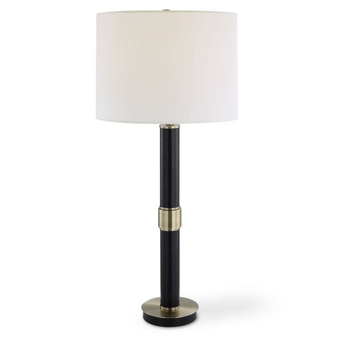 Zentro Black and Antique Gold Modern Metal Table Lamp with White Linen Shade (32" H Lamp with 10" H x 14" W Shade)