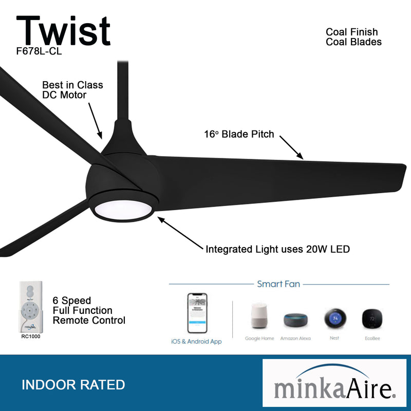 Minka Aire Twist F678L-CL 52-Inch LED Ceiling Fan in Coal Black with Remote
