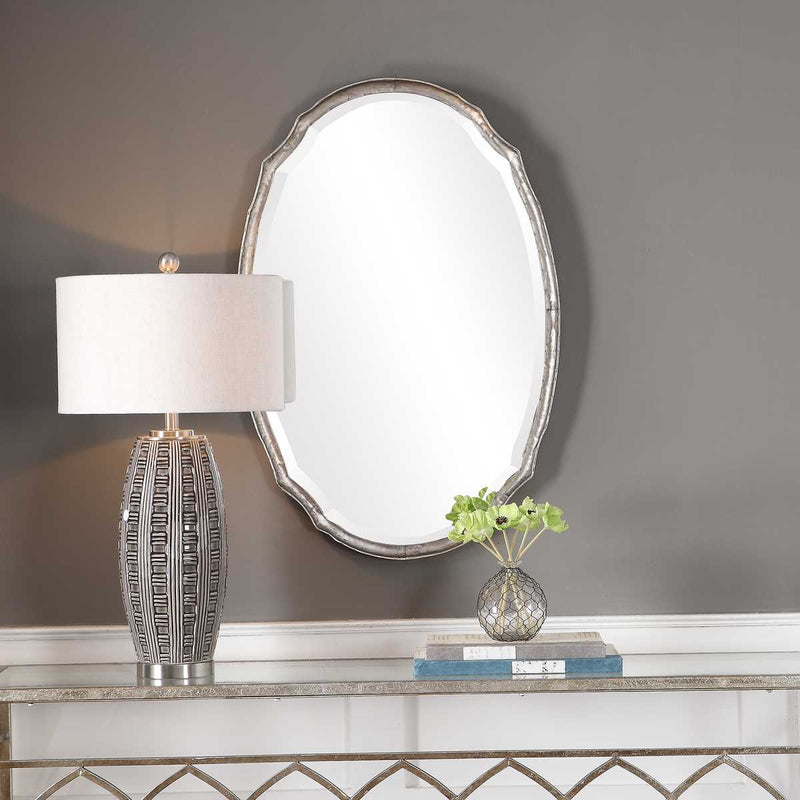 Midora Antique Silver Mirror | Modern Oval Hammered Iron Frame Bathroom Vanity Mirror Mounted Vertical or Horizontal (24 in. W x 36 in. H x 2 in. D)