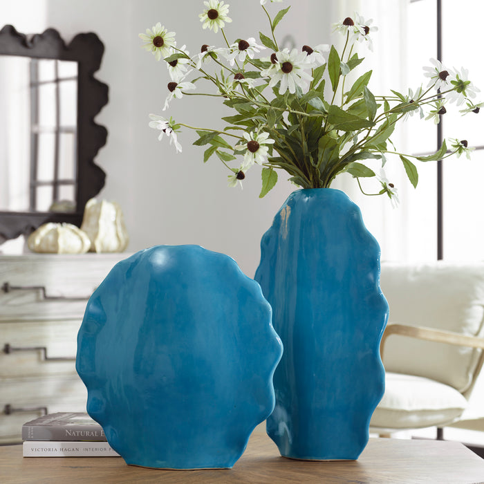 Uttermost Ruffled Feathers Blue Vases, S/2