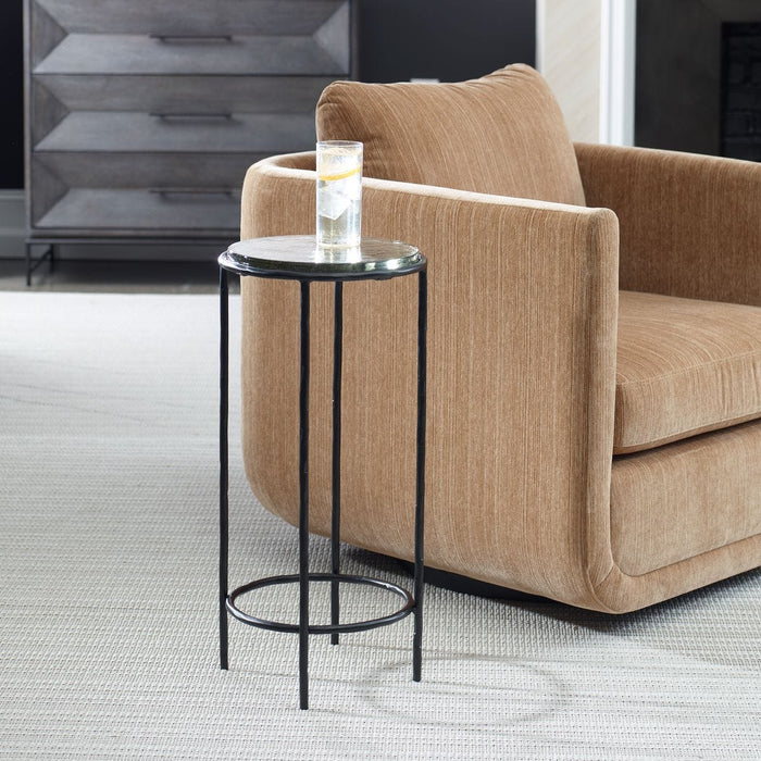 Vortel Accent Table | Black Textured Iron and Recycled Glass Top (12 in. W x 24 in. H)