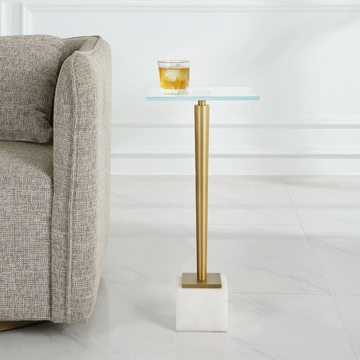 Miri Accent Table | Brass Plated and Tempered Glass Top with White Marble Base (11 in. W x 25 in. H)