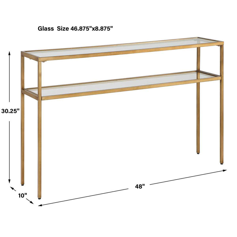 Cavli Console Table | Warm Gold with Tempered Glass Shelves (48 in. W x 30 in. H x 10 in. D)