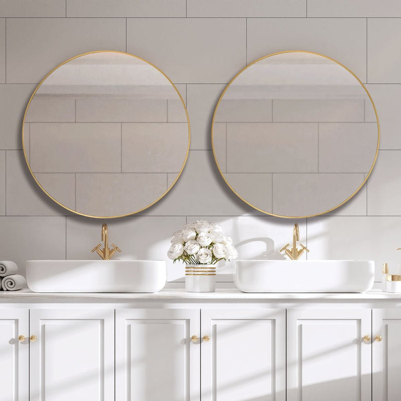 Arculo Brushed Gold Mirror | Modern Round Aluminum Frame Bathroom Vanity Mirror (34 in. W x 34 in. H x 2 in. D)