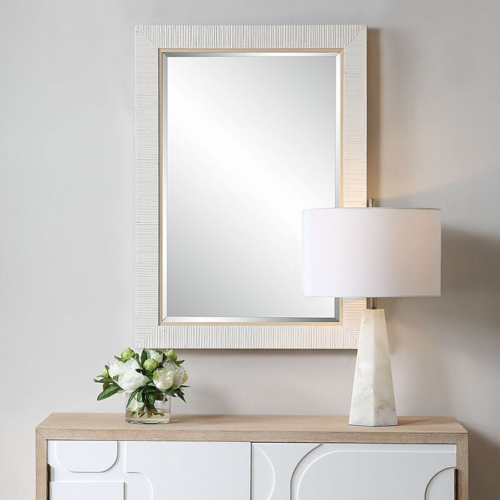 Coastridge Whitewashed Mirror | Modern Rectangle Rattan Polymer Frame Bathroom Vanity Mirror Mounted Vertical or Horizontal (25 in. W x 35 in. H x 2 in. D)