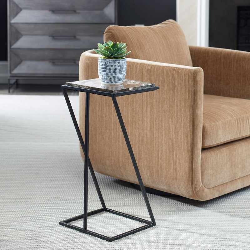 Fortica Accent Table | Black Powder Coat and Thick Cast Glass Top (12 in. W x 25 in. H x 11 in. D)