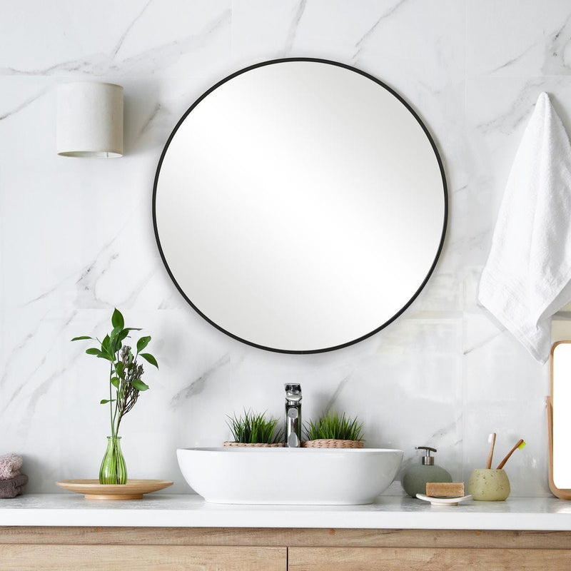 Arculo Satin Black Mirror | Modern Round Aluminum Frame Bathroom Vanity Mirror (24 in. W x 24 in. H x 1 in. D)