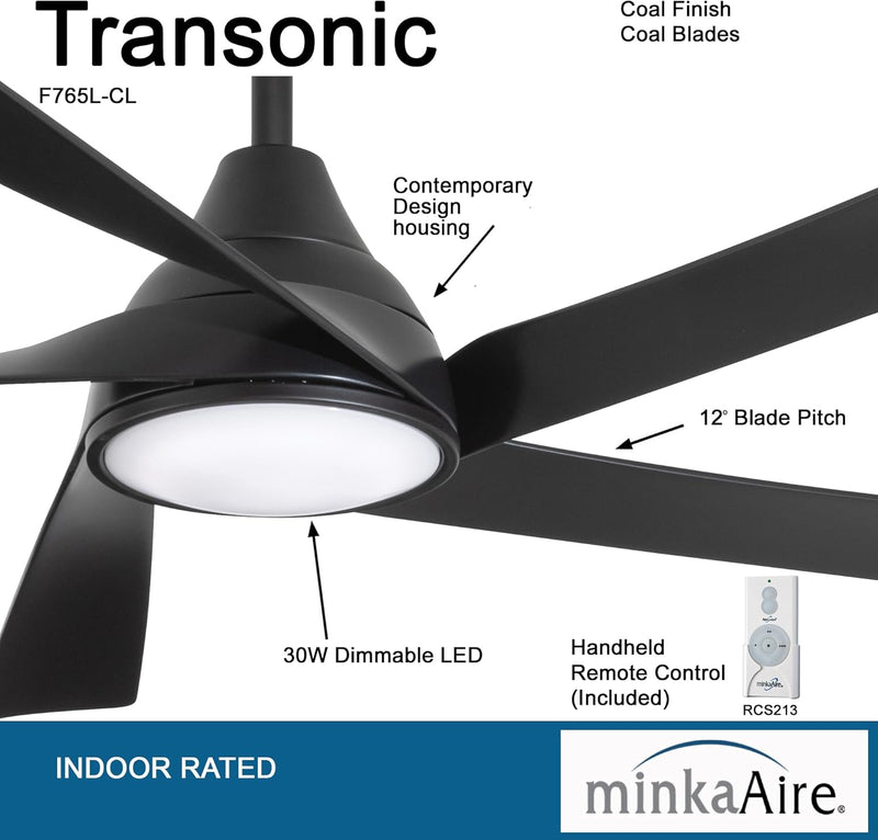 Minka Aire Transonic F765L-CL 56-Inch LED Ceiling Fan in Coal Black with Remote