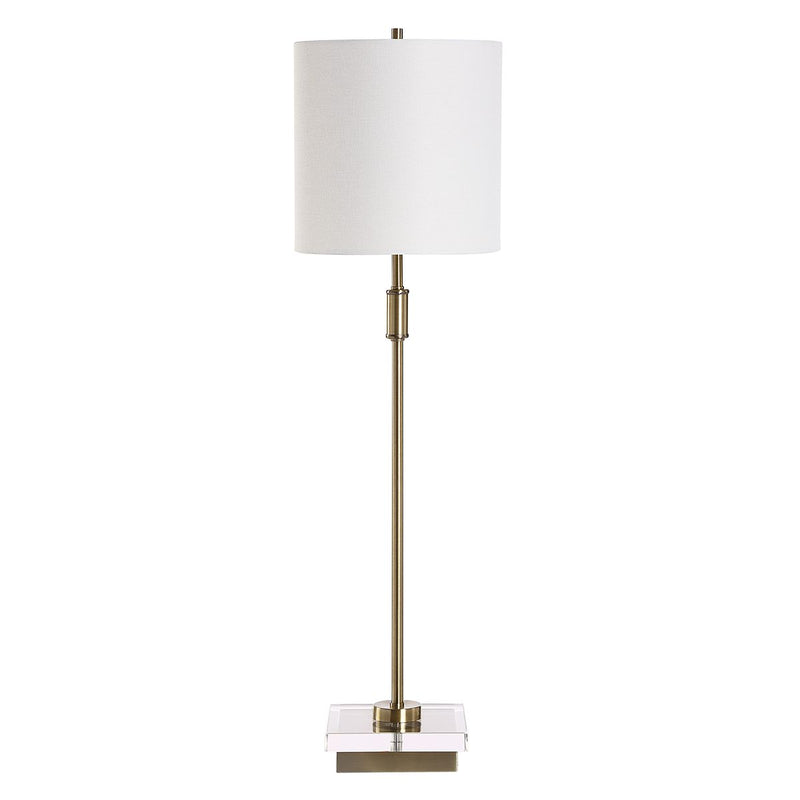 Arvia Antique Brass Modern Metal Buffet Table Lamp with White Linen Shade (32" H Lamp with 9" H x 9" W Shade)