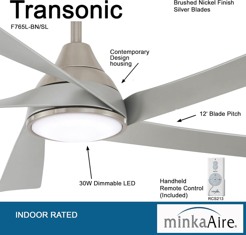 Minka Aire F765L-BN/SL Transonic 56" Brushed Nickel LED Ceiling Fan with Remote