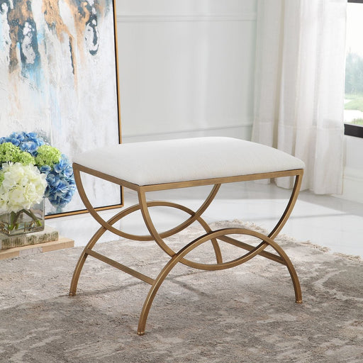Velona Antique Brushed Brass Accent Stool | Modern Iron Frame with Off White Cushion (24 in. W x 19 in. H x 17 in. D)