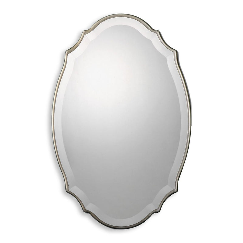 Domari Burnished Silver Mirror | Modern Oval Engineered Wood Frame Bathroom Vanity Mirror Mounted Vertical or Horizontal (20 in. W x 30 in. H x 1 in. D)