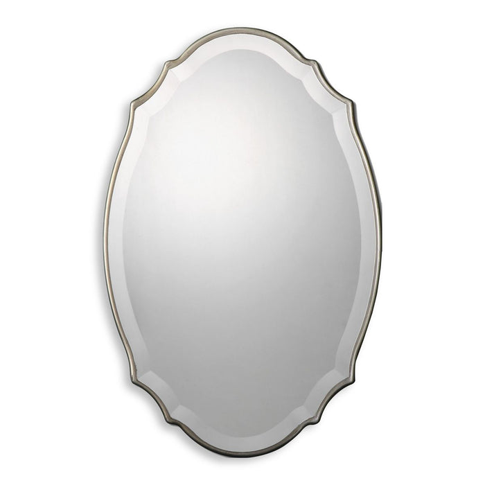 Domari Burnished Silver Mirror | Modern Oval Engineered Wood Frame Bathroom Vanity Mirror Mounted Vertical or Horizontal (20 in. W x 30 in. H x 1 in. D)