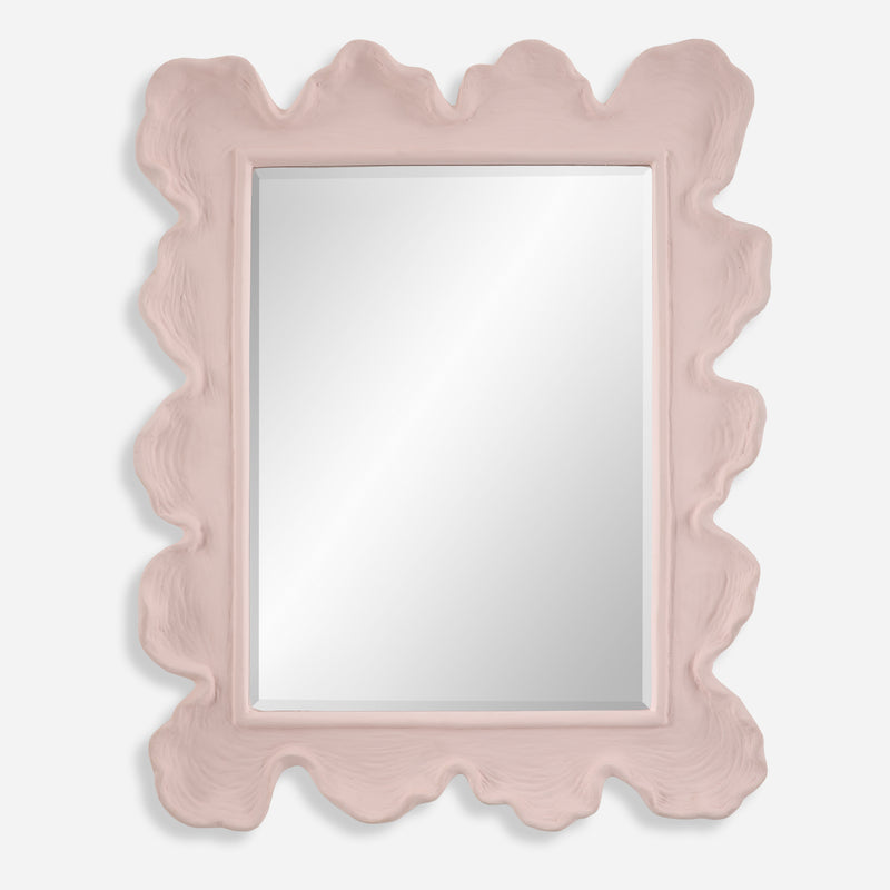 Uttermost Sea Coral 09955 pink modern coastal rectangle bathroom vanity mirror with organic coral-inspired textured frame, 27 in. W x 34 in. H