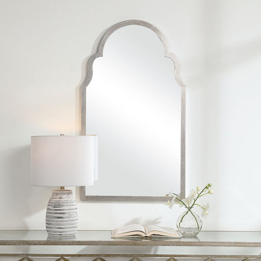 Abbey Silver Leaf Mirror | Modern Arch Iron Frame Bathroom Vanity Mirror (21 in. W x 37 in. H x 1 in. D)