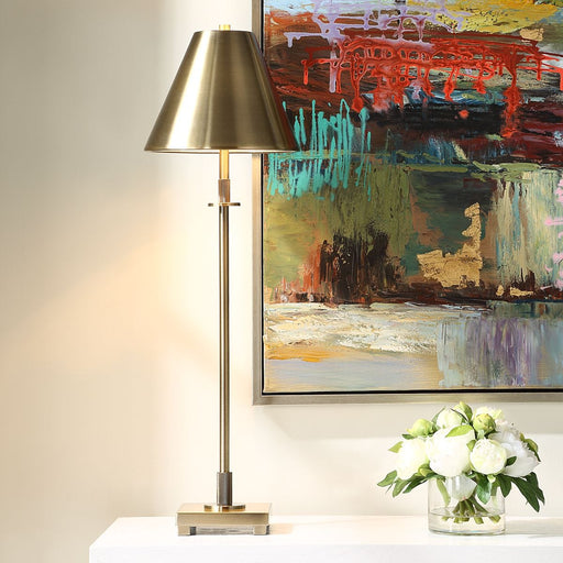 Nexum Antique Brass Modern Metal Buffet Table Lamp with Tapered Metal Shade (32" H Lamp with 8" H x 10" W Shade)