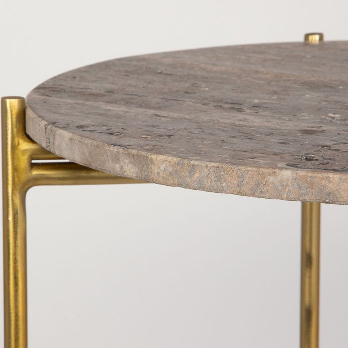 Norvik Accent Table | Iron Gold Frame and Travertine Stone Top (16 in. W x 22 in. H x 16 in. D)