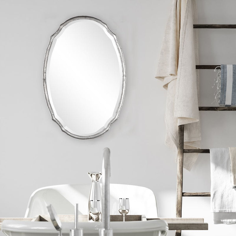 Midora Antique Silver Mirror | Modern Oval Hammered Iron Frame Bathroom Vanity Mirror Mounted Vertical or Horizontal (24 in. W x 36 in. H x 2 in. D)