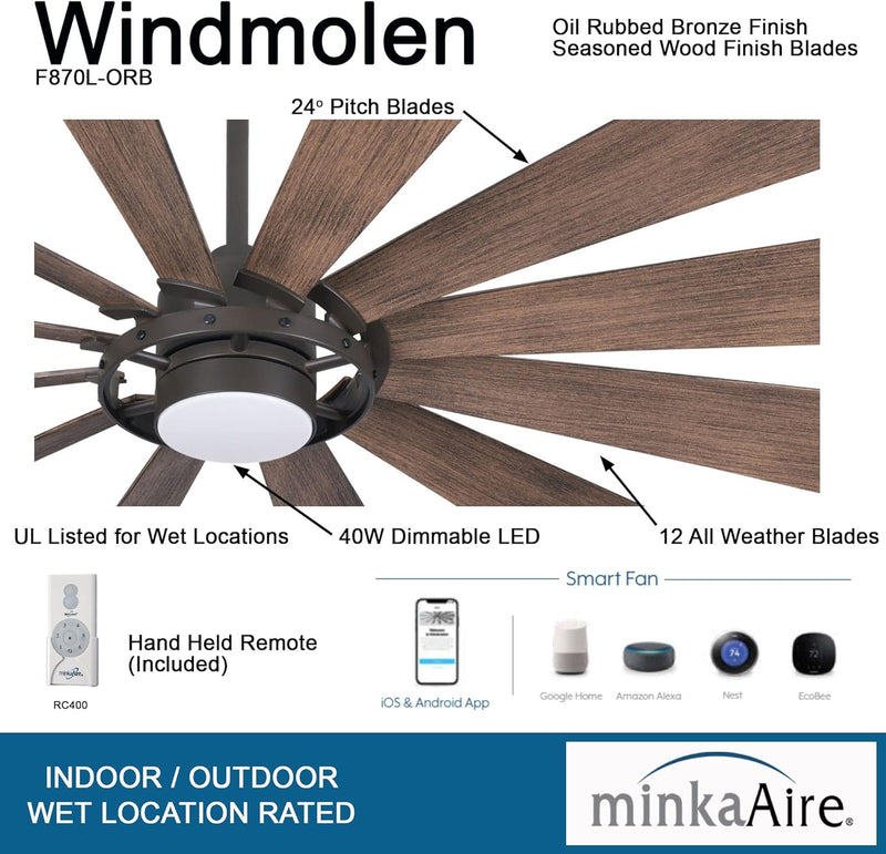 Minka Aire Windmolen F870L-ORB 65-Inch LED Indoor/Outdoor Smart Modern Ceiling Fan in Oil Rubbed Bronze with Seasoned Wood Blades and Remote