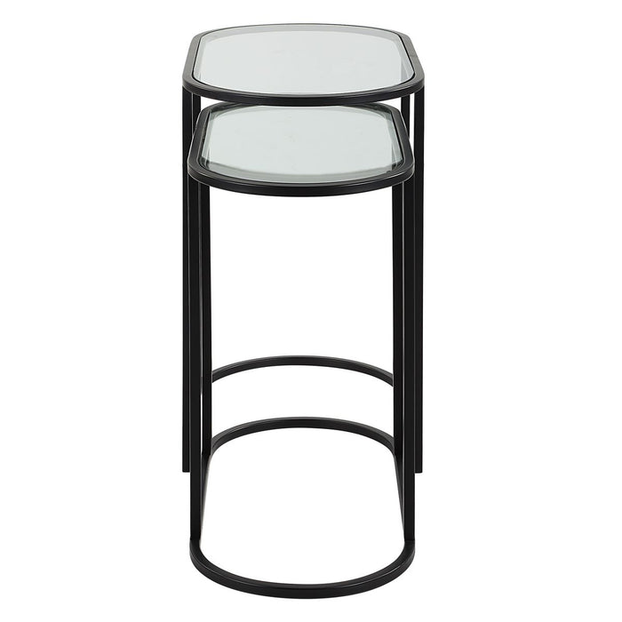 Strada Nesting Tables Set of 2 | Matte Black and Clear Tempered Glass Top (Medium: 22 in. W x 19.5 in. H x 10.5 in. D; Large: 24 in. W x 22 in. H x 12.5 in. D)