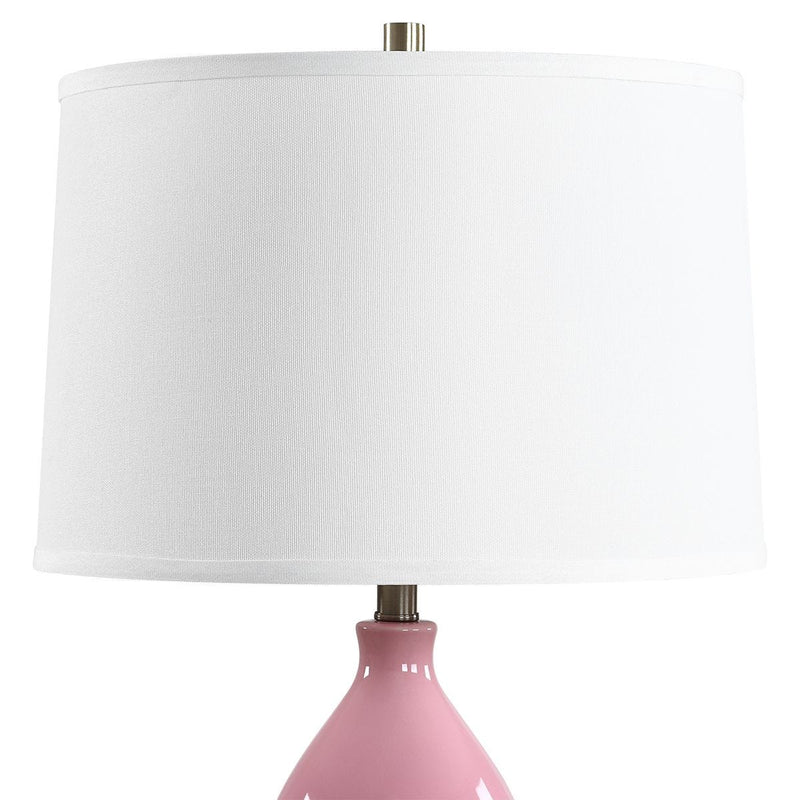 Hollis Bubblegum Pink Glaze Modern Ceramic Table Lamp with White Linen Shade (26" H Lamp with 10" H x 15" W Shade)