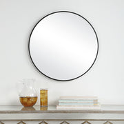 Arculo Satin Black Mirror | Modern Round Aluminum Frame Bathroom Vanity Mirror (24 in. W x 24 in. H x 1 in. D)