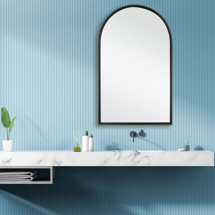 Arvisa Matte Black Mirror | Modern Arch Iron Frame Bathroom Vanity Mirror (24 in. W x 39 in. H x 1 in. D)