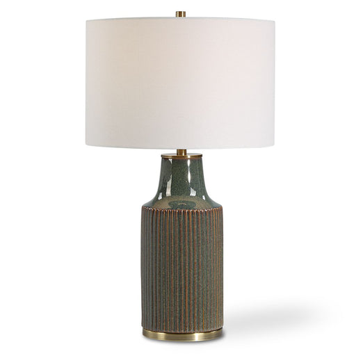 Verdula Bluish Green Modern Ceramic Table Lamp with White Linen Shade (27" H Lamp with 10" H x 15" W Shade)