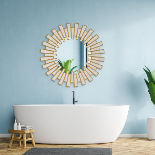 Soluna Gold Leaf Sunburst Mirror | Modern Round Engineered Wood Frame Bathroom Vanity Mirror (30 in. W x 30 in. H x 1 in. D)