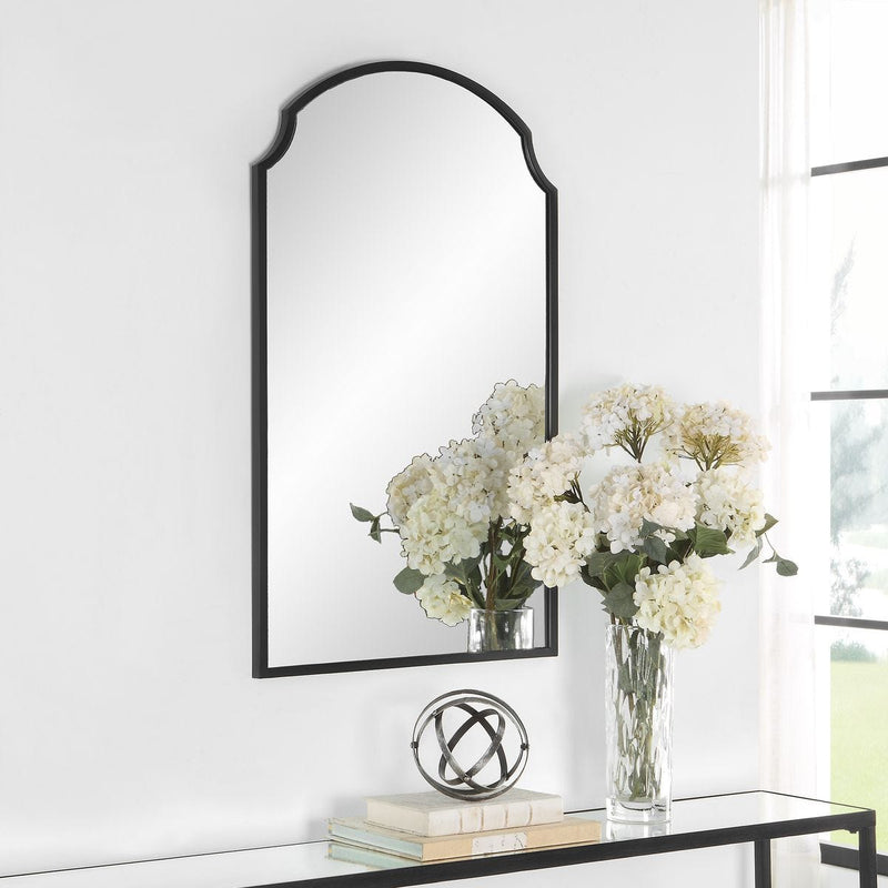 Treva Satin Black Mirror | Modern Arch Iron Frame Bathroom Vanity Mirror (22 in. W x 36 in. H x 1 in. D)