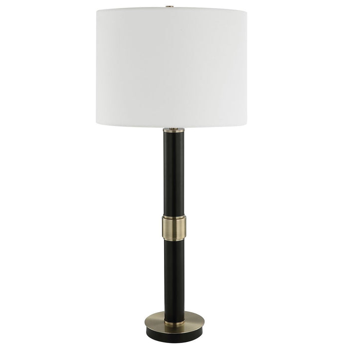 Zentro Black and Antique Gold Modern Metal Table Lamp with White Linen Shade (32" H Lamp with 10" H x 14" W Shade)
