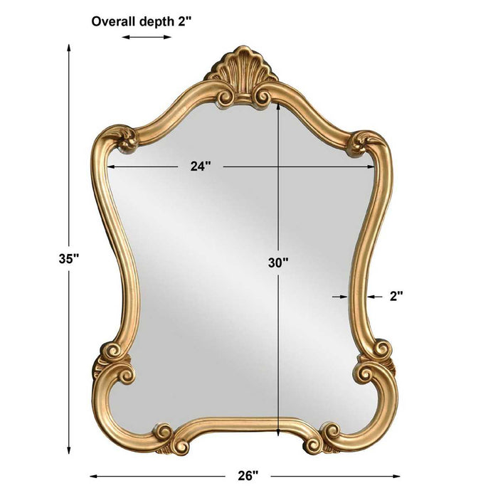 Avenel Distressed Gold Mirror | Classic Ornate Engineered Polymer Frame Bathroom Vanity Mirror (26 in. W x 35 in. H x 2 in. D)