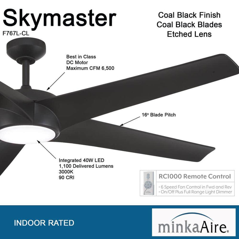 Minka Aire Skymaster F767L-CL 65-Inch LED Ceiling Fan in Coal Black with Remote