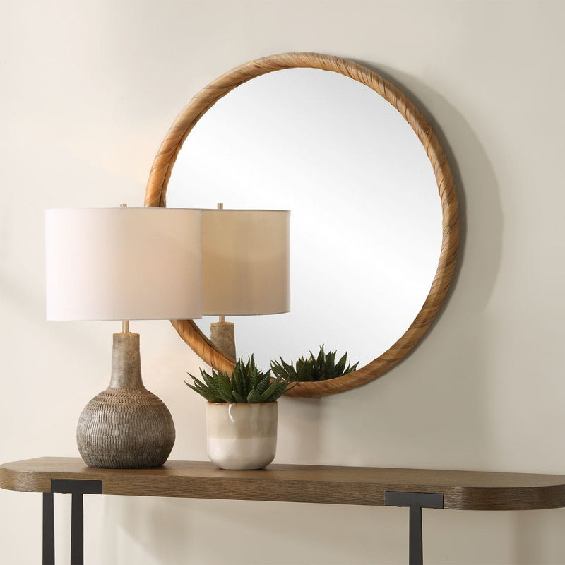 Tidewell Coastal Mirror | Modern Round Seagrass Frame Mirror (32 in. W x 32 in. H x 2 in. D)