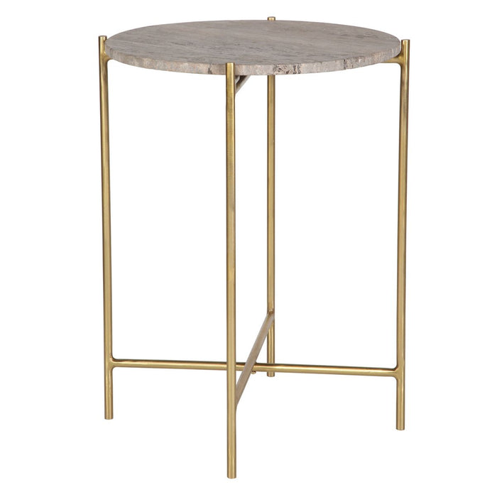 Norvik Accent Table | Iron Gold Frame and Travertine Stone Top (16 in. W x 22 in. H x 16 in. D)