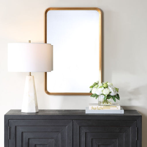 Solvera Champagne Gold Leaf Mirror | Modern Rectangle Engineered Wood Frame Bathroom Vanity Mirror Mounted Vertical or Horizontal (20 in. W x 30 in. H x 1 in. D)