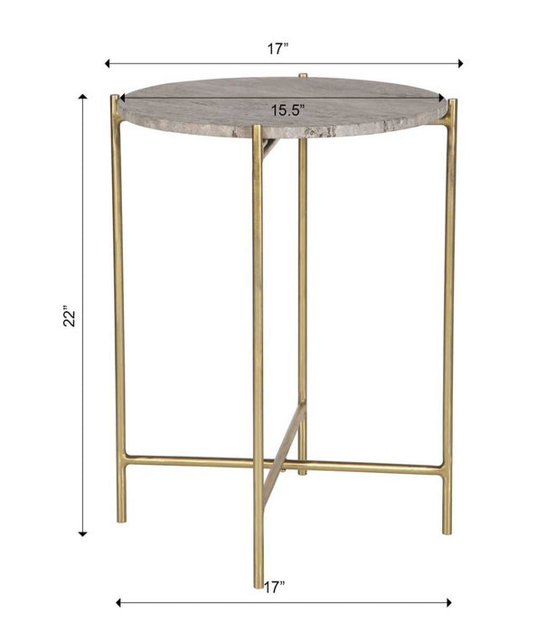 Norvik Accent Table | Iron Gold Frame and Travertine Stone Top (16 in. W x 22 in. H x 16 in. D)