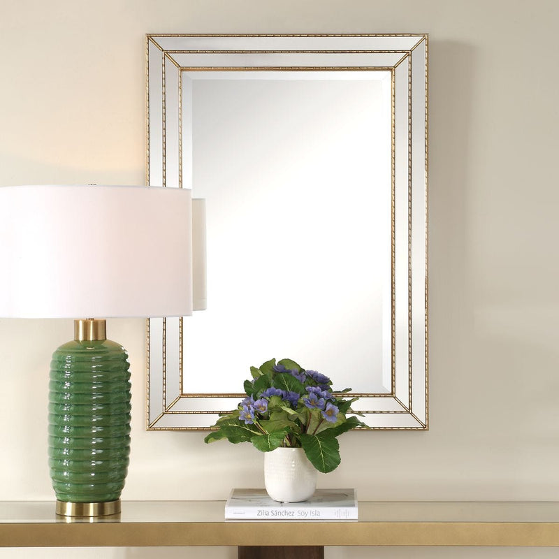 Riventa Metallic Gold Mirror | Modern Rectangle Engineered Wood Frame Bathroom Vanity Mirror Mounted Vertical or Horizontal (24 in. W x 34 in. H x 1 in. D)