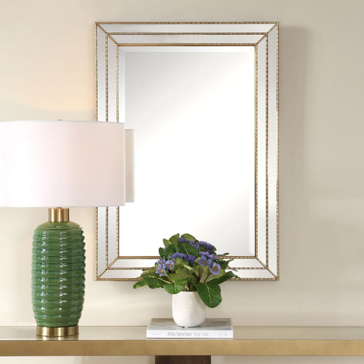 Riventa Metallic Gold Mirror | Modern Rectangle Engineered Wood Frame Bathroom Vanity Mirror Mounted Vertical or Horizontal (24 in. W x 34 in. H x 1 in. D)