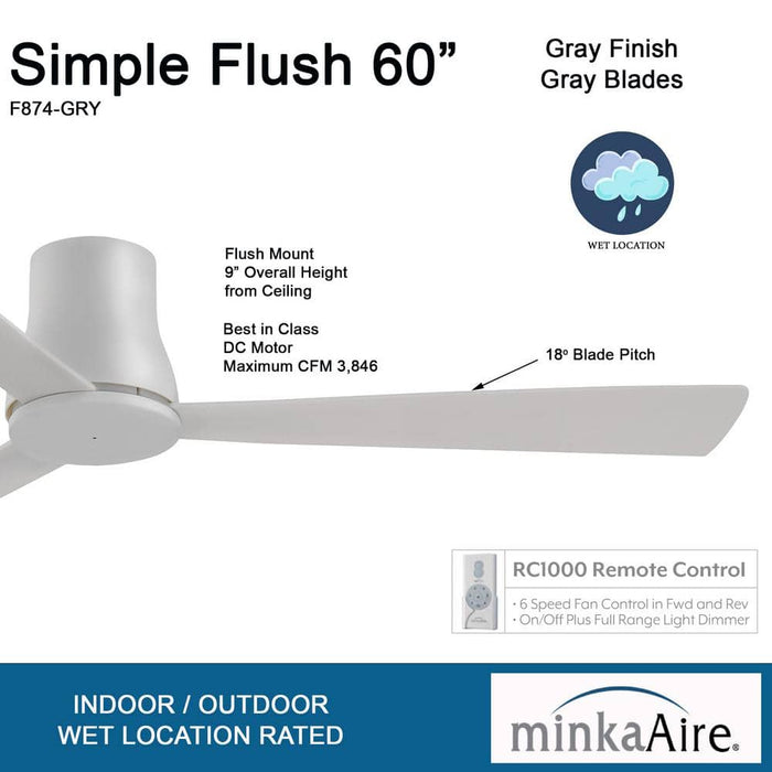 Minka Aire Simple Flush Hugger 60" Grey Outdoor Ceiling Fan with Remote