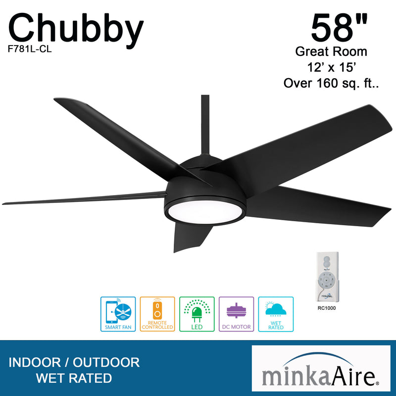 Minka Aire Chubby F781L-CL 58-Inch LED Outdoor Ceiling Fan in Coal Black with Remote