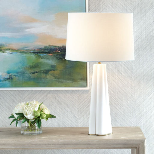 Clevina Satin White Glaze Modern Ceramic Table Lamp with White Linen Shade (26" H Lamp with 10" H x 15" W Shade)