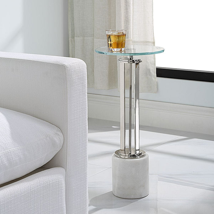 Mara Accent Table | Nickel and Tempered Glass Top with White Marble Base (11 in. W x 24 in. H)