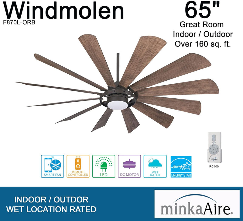 Minka Aire Windmolen F870L-ORB 65-Inch LED Indoor/Outdoor Smart Modern Ceiling Fan in Oil Rubbed Bronze with Seasoned Wood Blades and Remote