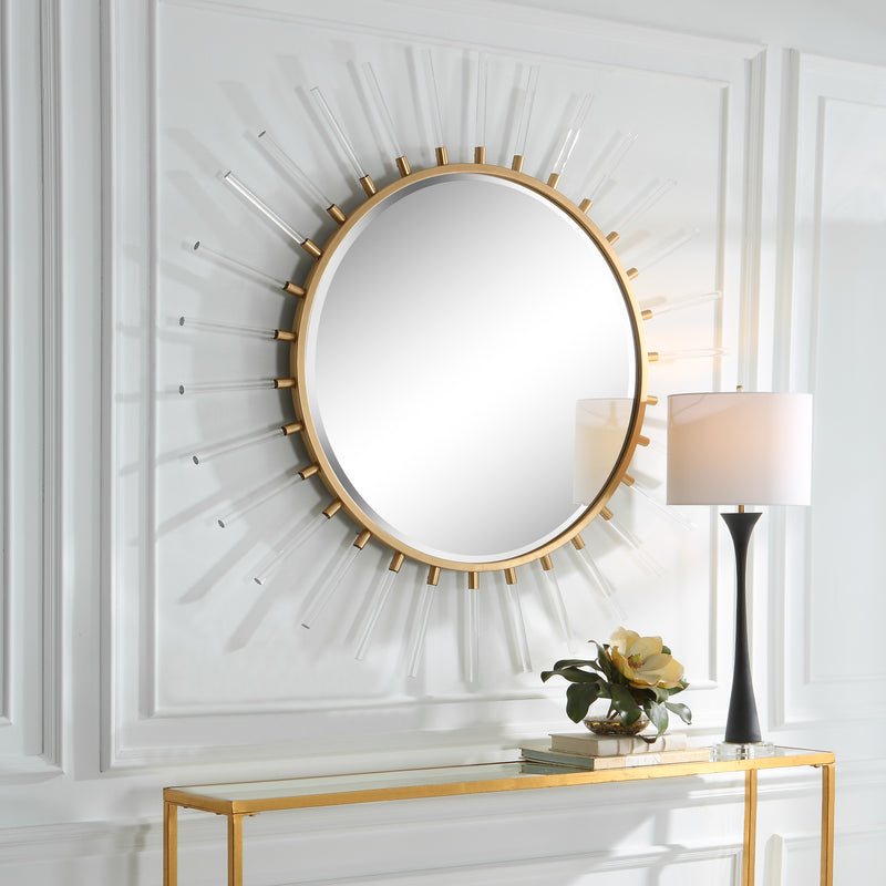 Uttermost Oracle 09883 metallic gold leaf modern round mirror with forged iron frame and clear acrylic rods, 55 in. W x 55 in. H