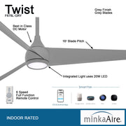 Minka Aire Twist 52" Grey LED Ceiling Fan with Remote Control - ALCOVE LIGHTING
